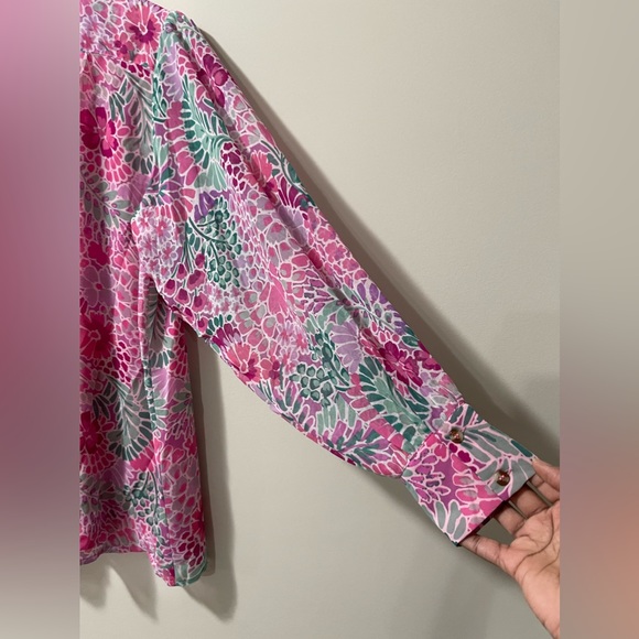 NWOT Aura Sheer Lined Pink Green Purple Floral Button-Up Blouse Size Medium - Picture 5 of 7